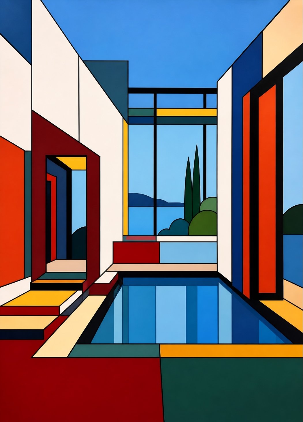 Tableau architecture contemporaine géométrique colorée inspirée du Bauhaus pour décoration murale design moderne
