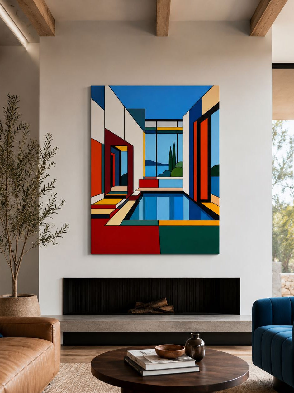 Tableau architecture contemporaine en situation dans un salon design avec ambiance moderne et graphique

