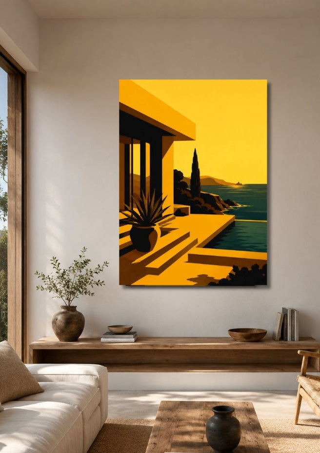 Tableau architecture contemporaine avec piscine et vue sur la mer
