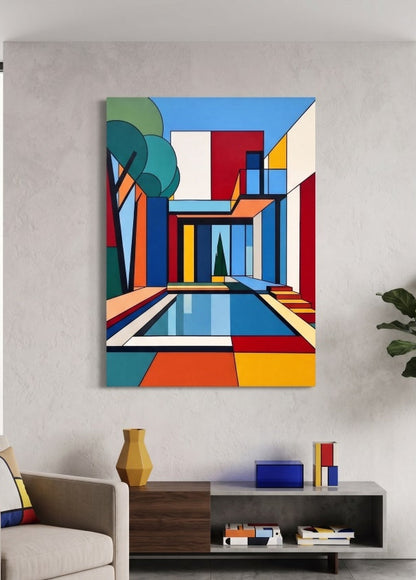 Tableau architecture moderne en décoration murale dans un salon contemporain au style minimaliste et graphique
