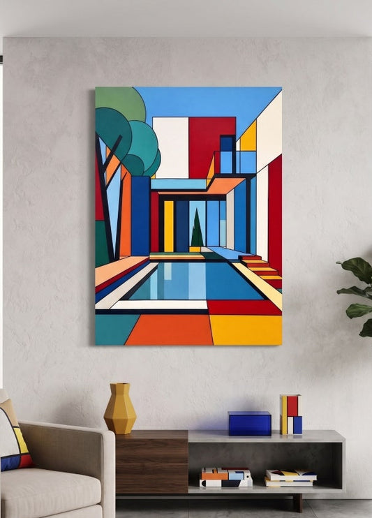 Tableau architecture moderne en décoration murale dans un salon contemporain au style minimaliste et graphique
