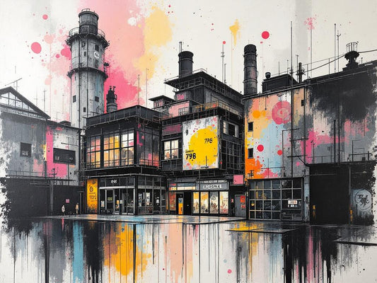 Tableau urbain représentant une architecture industrielle iconique
