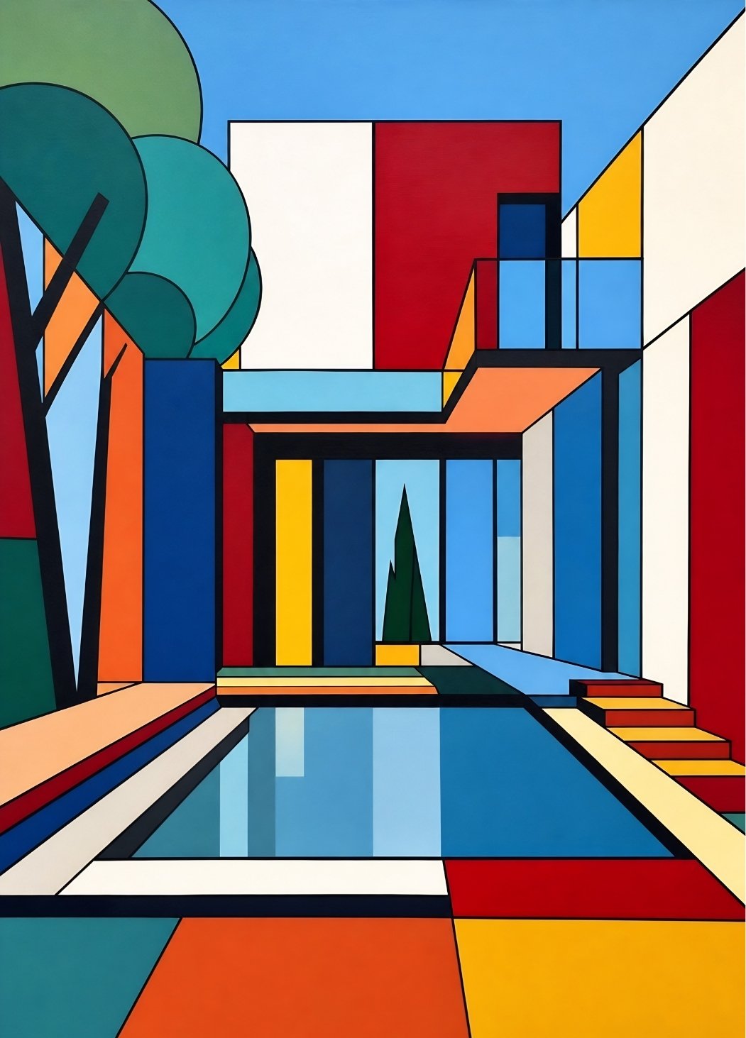 Tableau architecture moderne colorée style Bauhaus avec piscine design et lignes géométriques contemporaines
