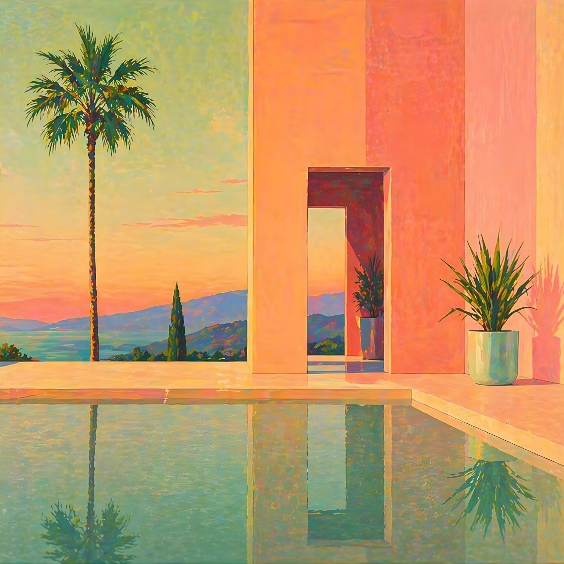 Tableau architecture moderne avec piscine et coucher de soleil aux tons chauds pour décoration murale contemporaine

