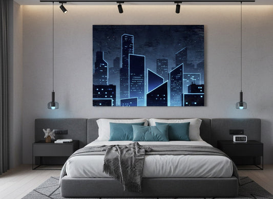 Tableau architecture moderne néon ambiance nocturne technologique
