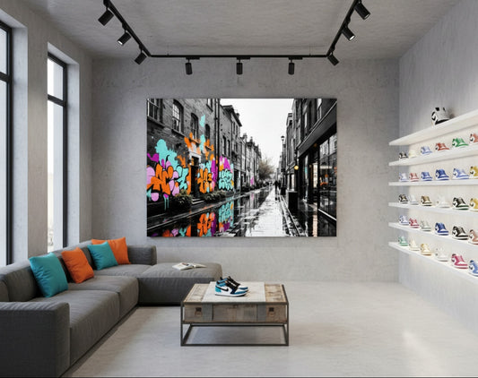 Tableau urbain contemporain mêlant street art et architecture
