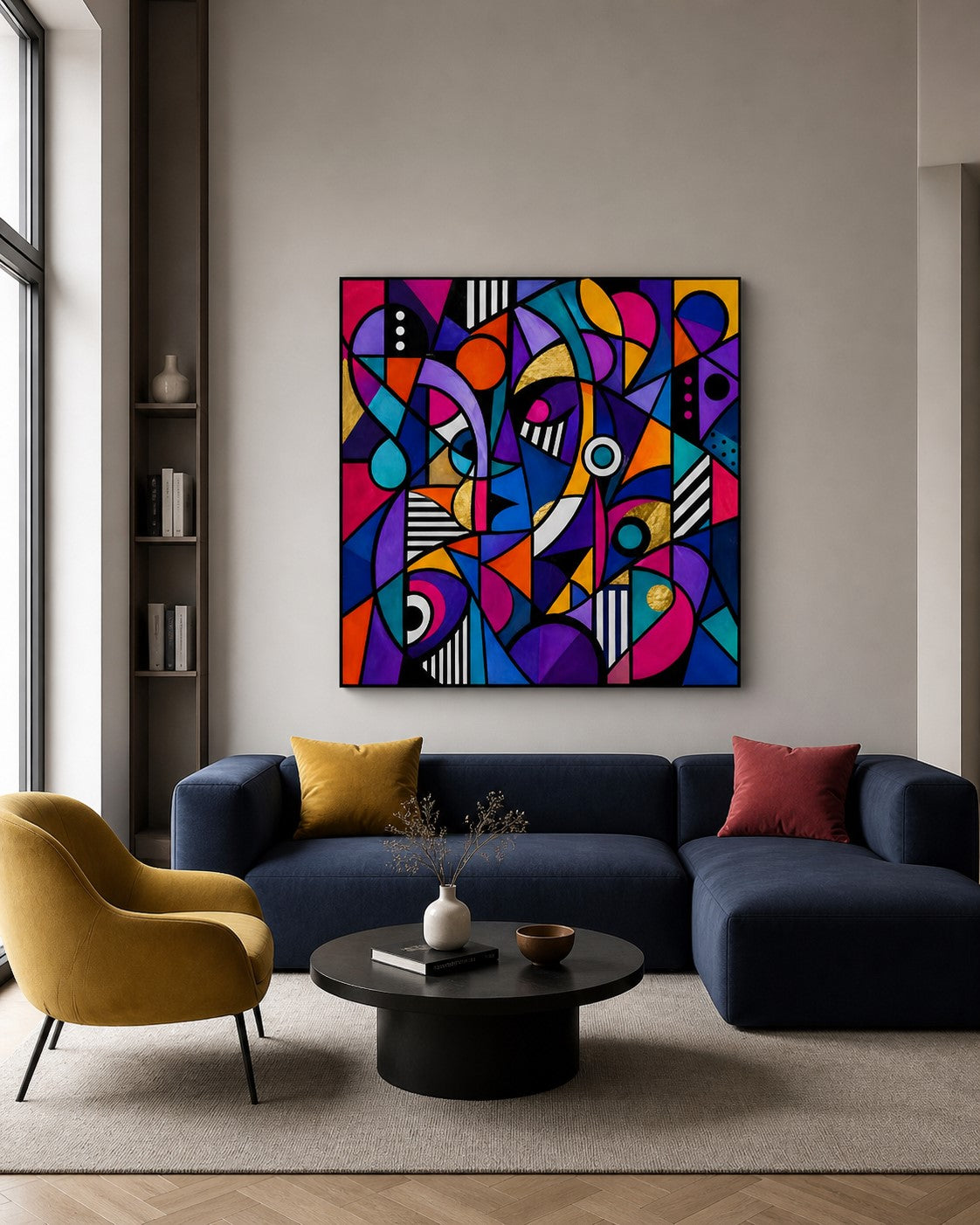 Tableau abstrait cubiste contemporain aux inspirations pop art et design graphique
