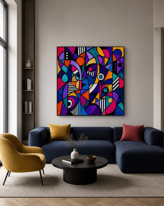 Tableau abstrait cubiste contemporain aux inspirations pop art et design graphique
