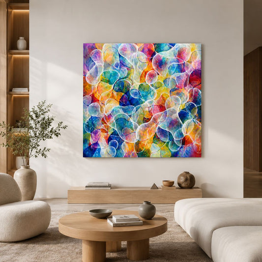 Tableau abstrait multicolore moderne pour salon design et intérieur contemporain
