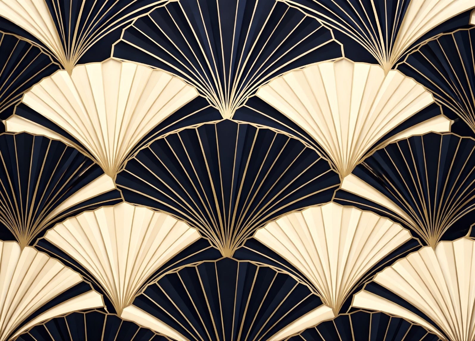 Tableau art déco noir et or motif éventails vue de face
