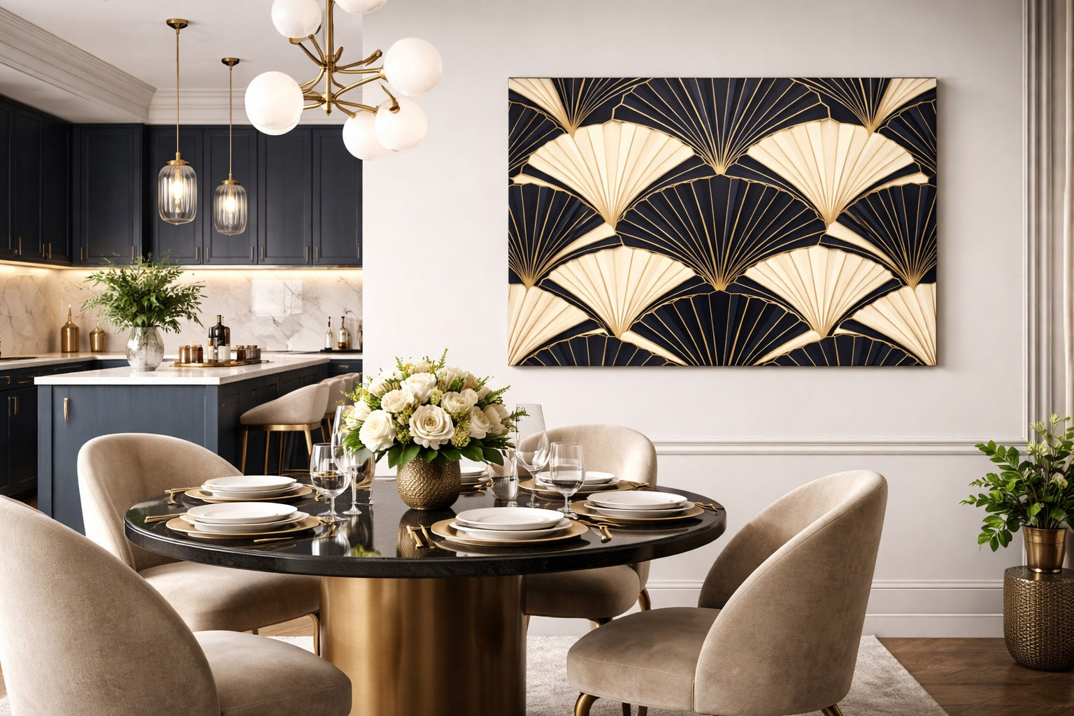 Tableau art déco noir et or en situation intérieure
