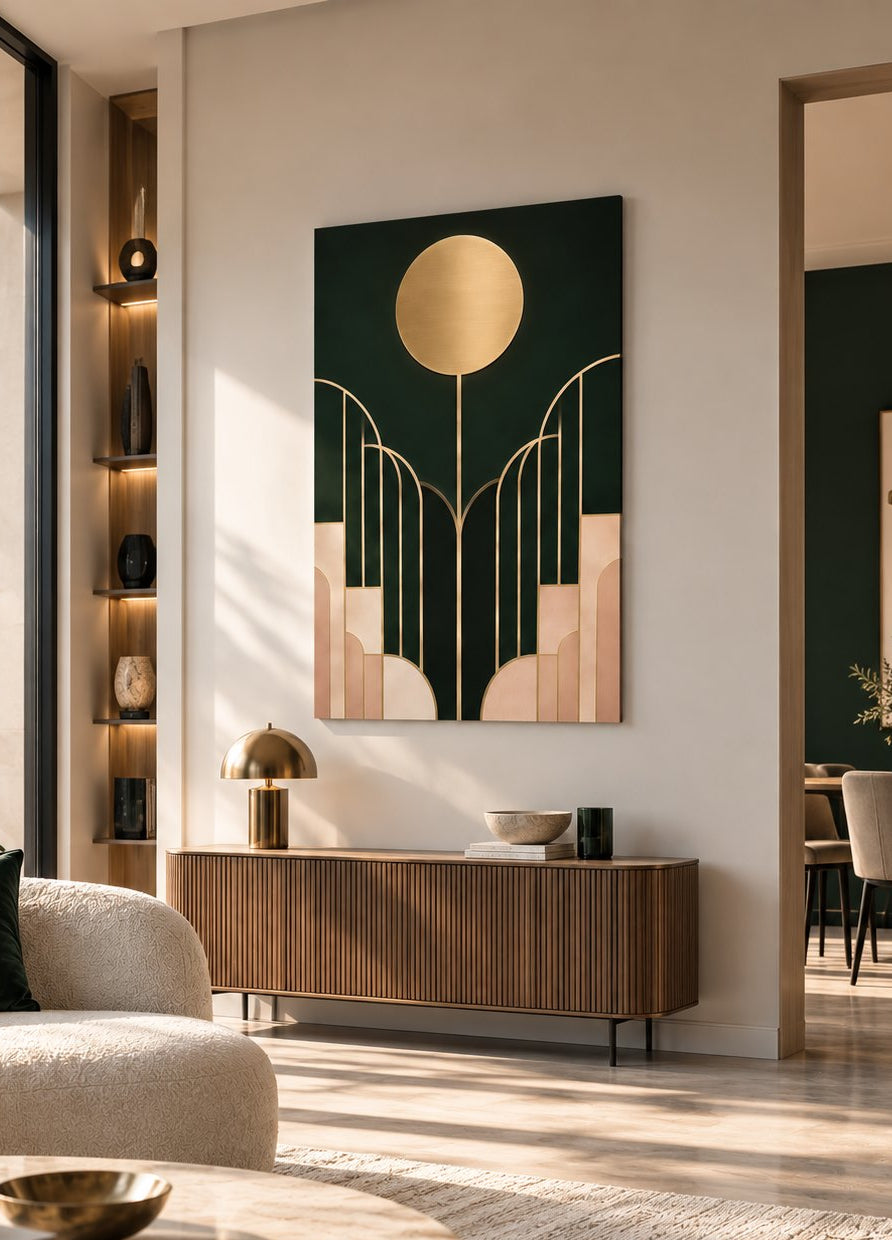 Tableau minimaliste vert et doré aux formes symétriques et élégantes
