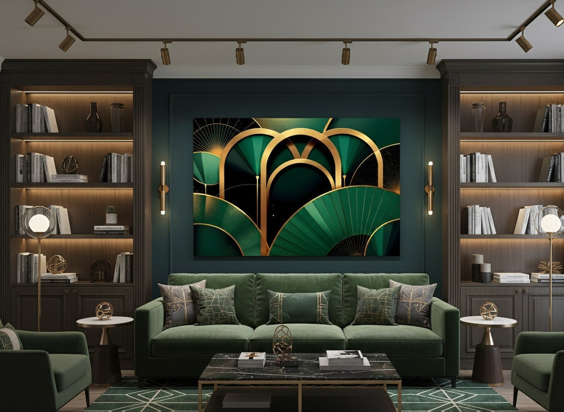 Tableau art déco néo déco vert émeraude en décoration murale intérieure
