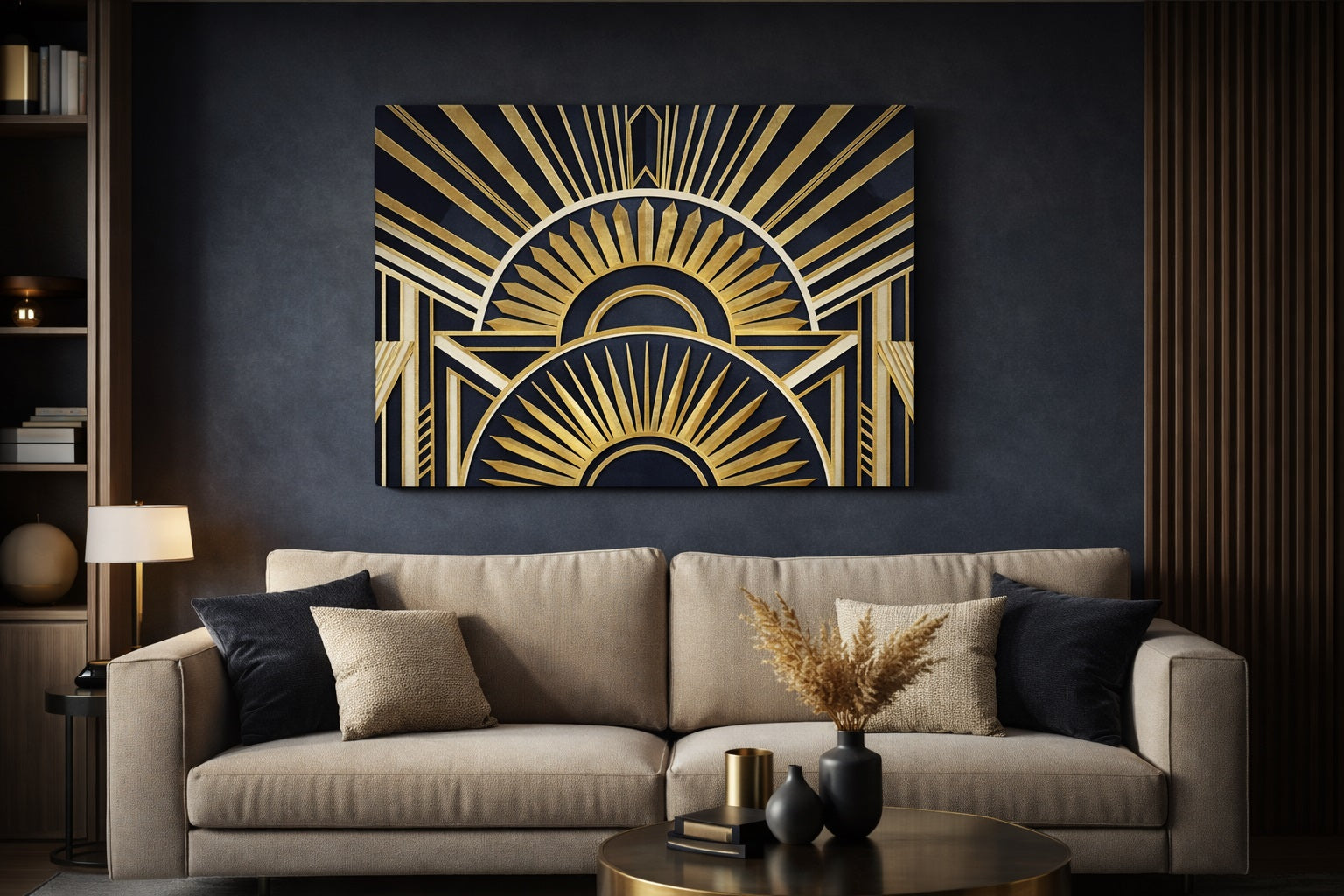 Tableau art déco noir et or en situation intérieure
