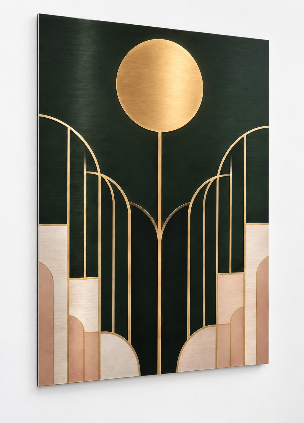 Tableau Art déco vert et or sur métal au style géométrique contemporain
