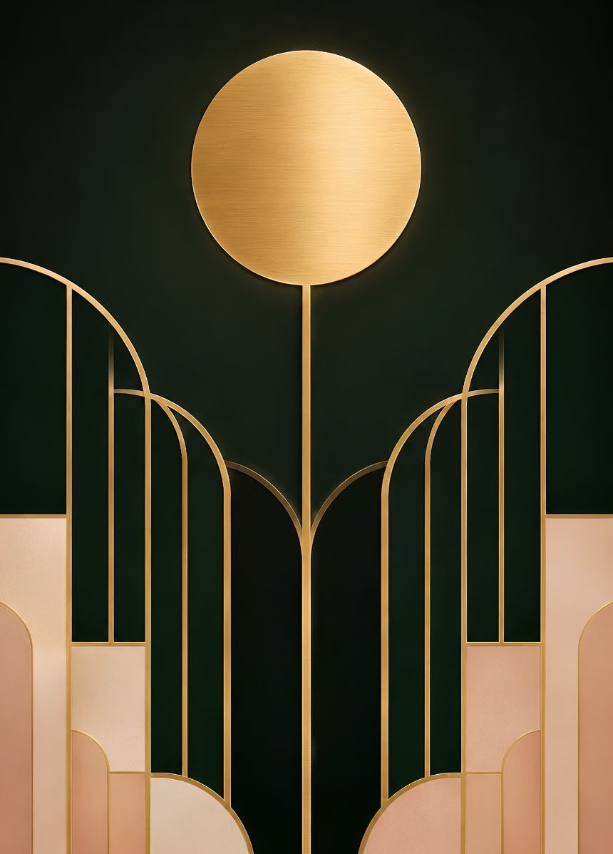 Tableau Art déco moderne aux lignes géométriques dorées sur fond vert profond
