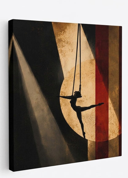 Tableau artiste de cirque vintage au trapèze avec ambiance théâtrale élégante et textures rétro
