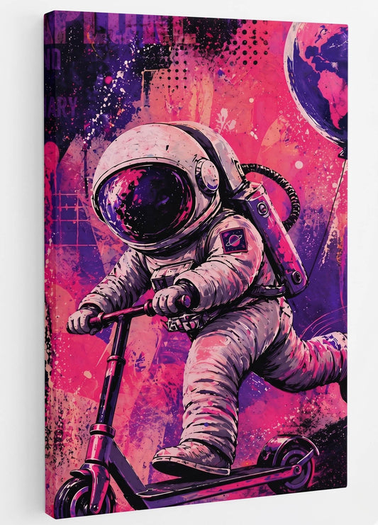 Décoration murale astronaute street art violette et rose idéale pour salon moderne
