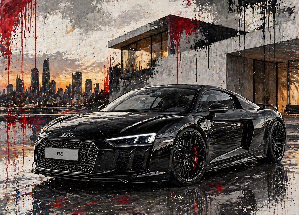 Tableau Audi R8 noire devant une villa moderne dans une ambiance artistique

