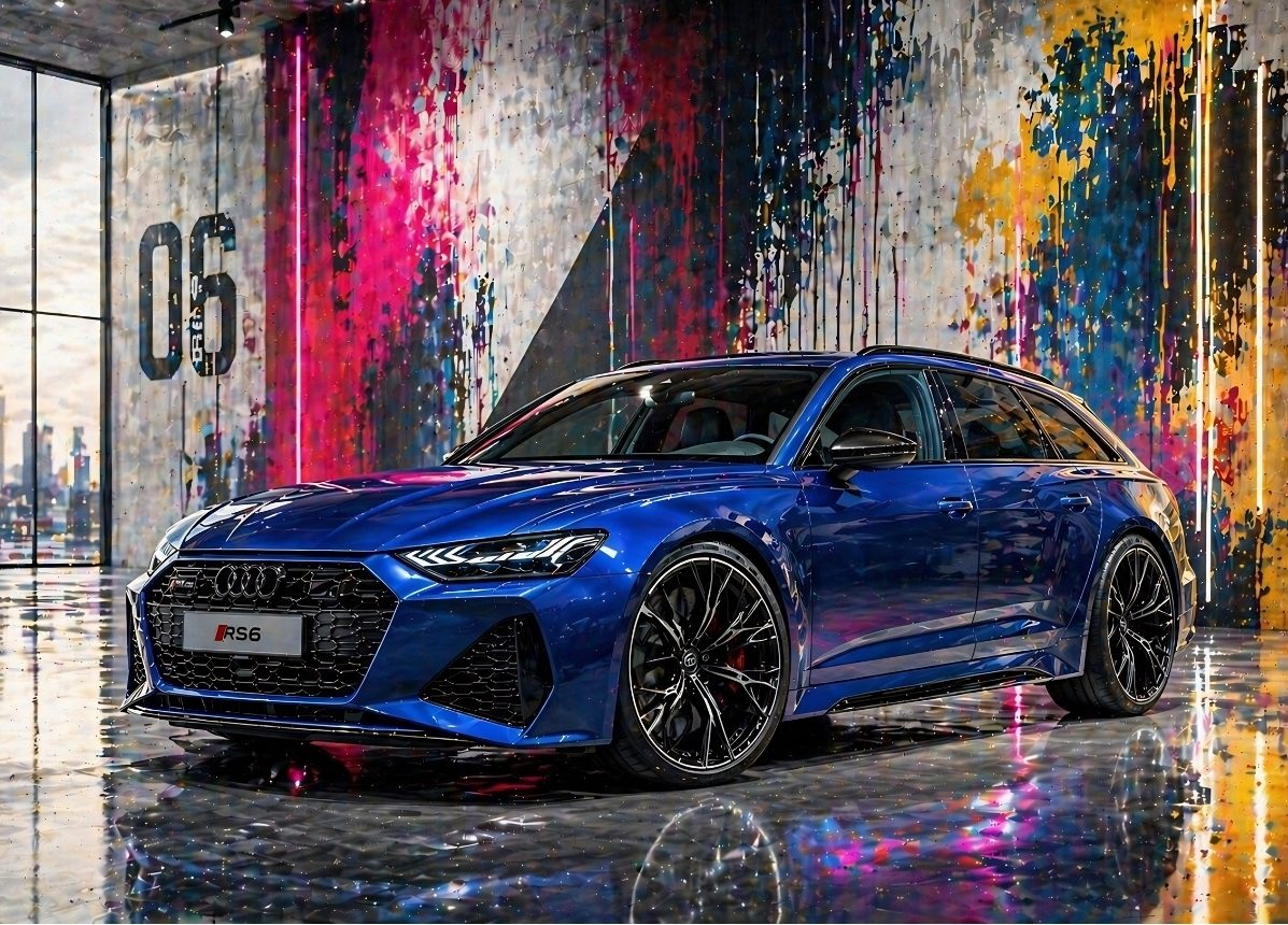 Tableau Audi RS6 bleue dans un décor artistique contemporain coloré
