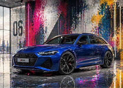 Tableau Audi RS6 bleue dans un décor artistique contemporain coloré
