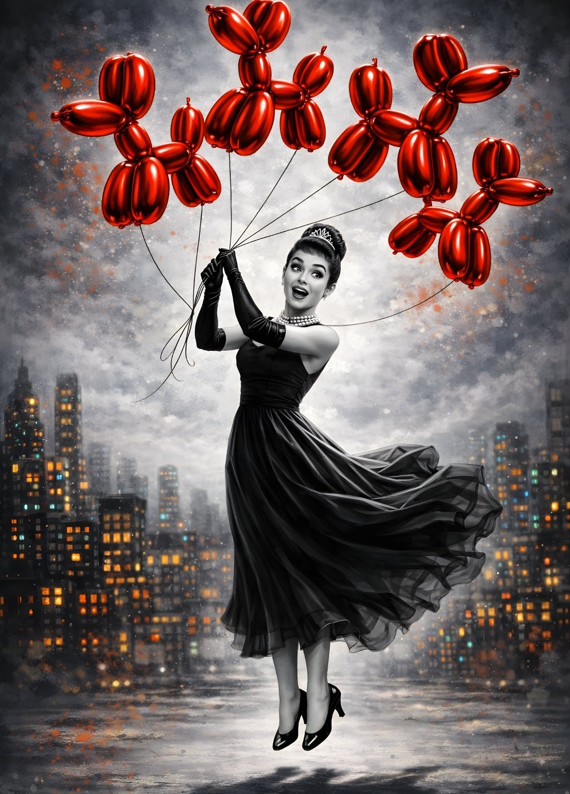Tableau moderne femme élégante en noir et blanc portée par des ballons rouges brillants style contemporain urbain
