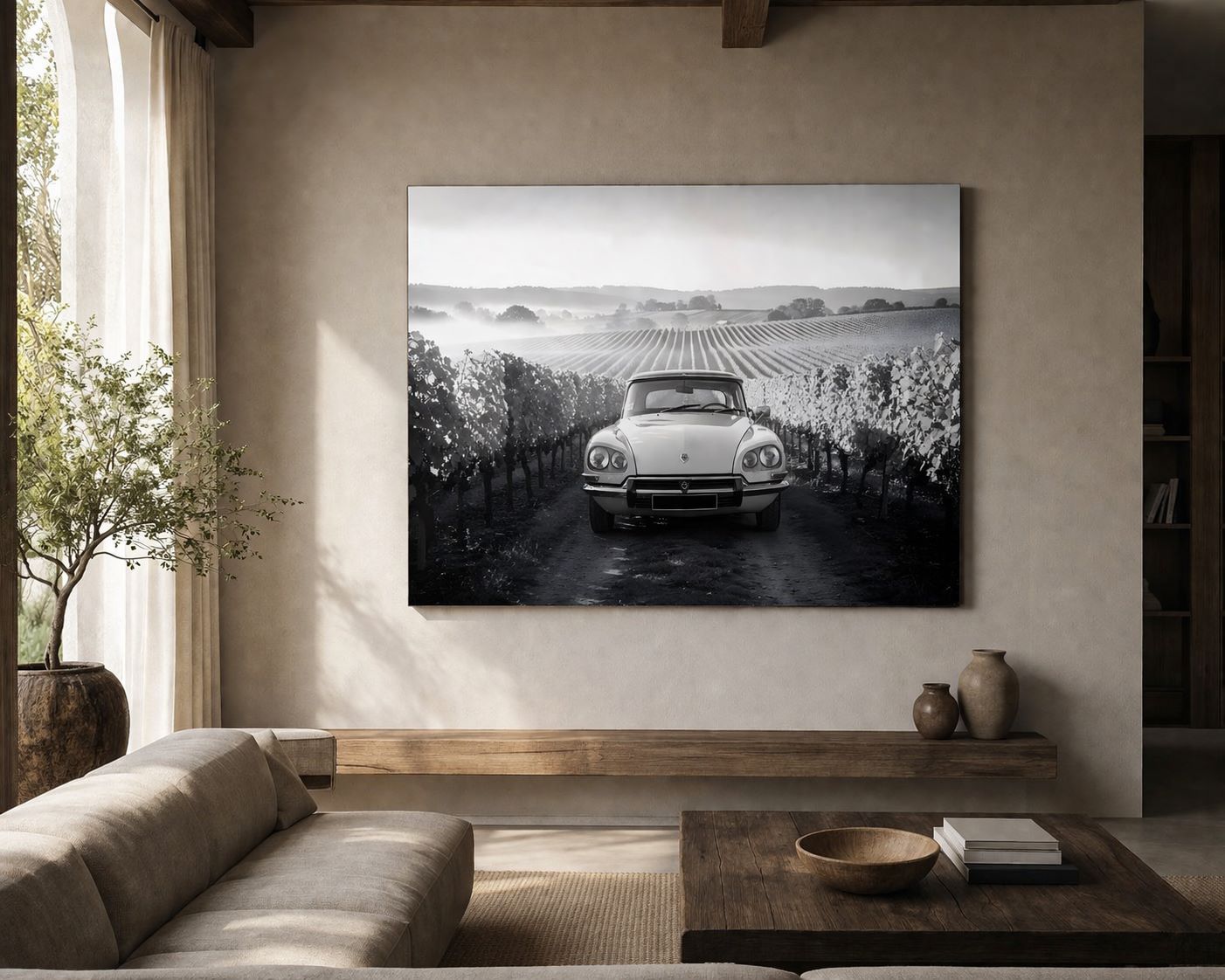 Tableau automobile noir et blanc dans vignoble français ambiance calme et élégante
