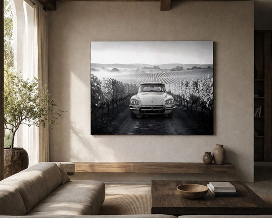 Tableau automobile noir et blanc dans vignoble français ambiance calme et élégante
