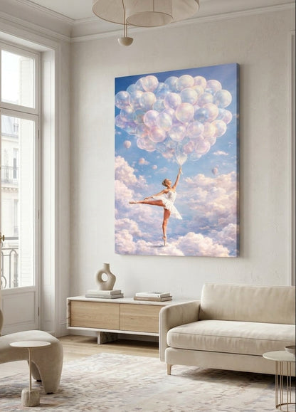 Tableau ballerine nuages ballons accroché dans salon moderne décoration murale poétique
