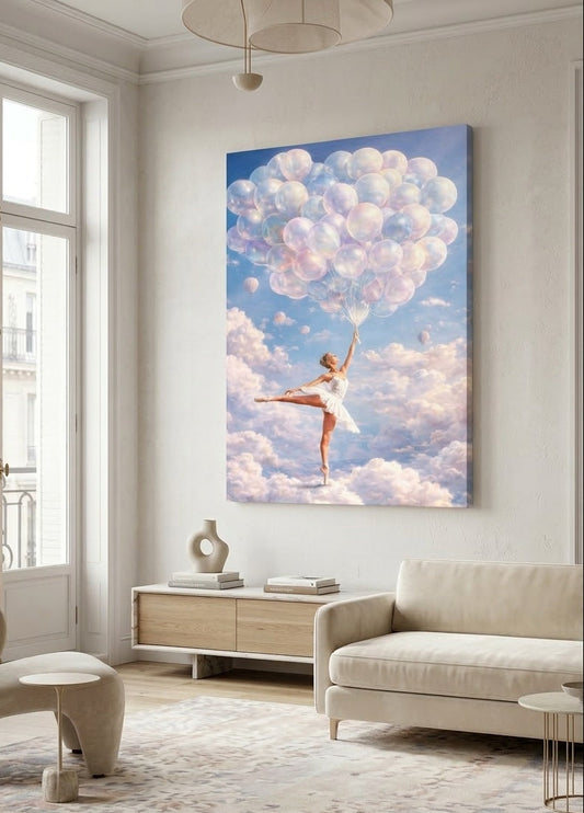 Tableau ballerine nuages ballons accroché dans salon moderne décoration murale poétique

