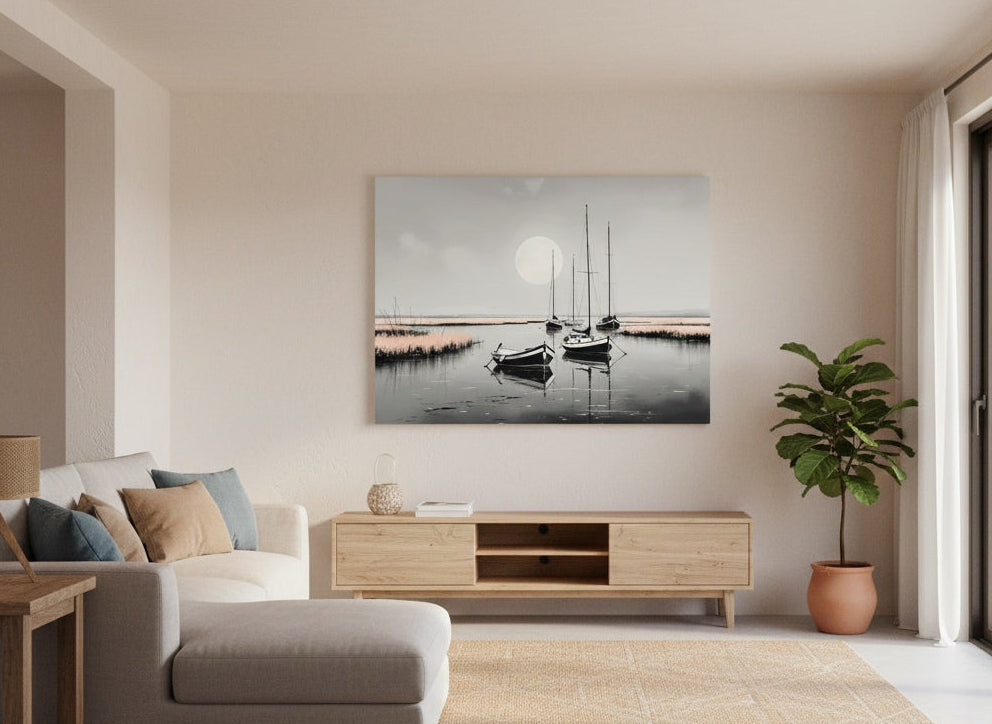 Tableau Barques Clair de Lune accroché dans un salon moderne, décoration murale marine élégante et contemporaine.
