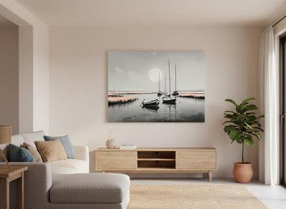 Tableau Barques Clair de Lune accroché dans un salon moderne, décoration murale marine élégante et contemporaine.
