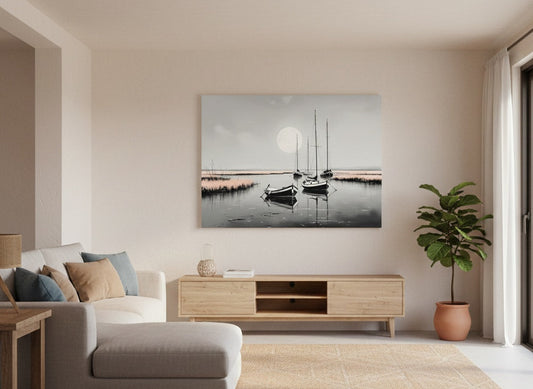 Tableau Barques Clair de Lune accroché dans un salon moderne, décoration murale marine élégante et contemporaine.
