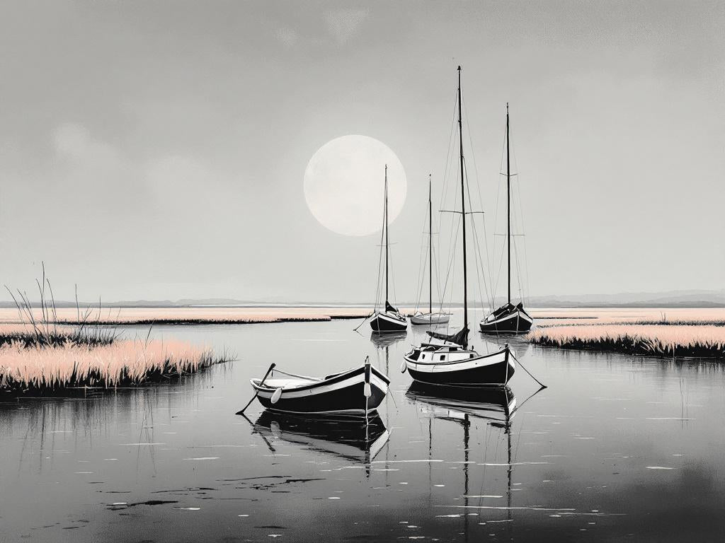 Tableau barques et voiliers au clair de lune, ambiance nordique minimaliste, création exclusive Iconik-Art.
