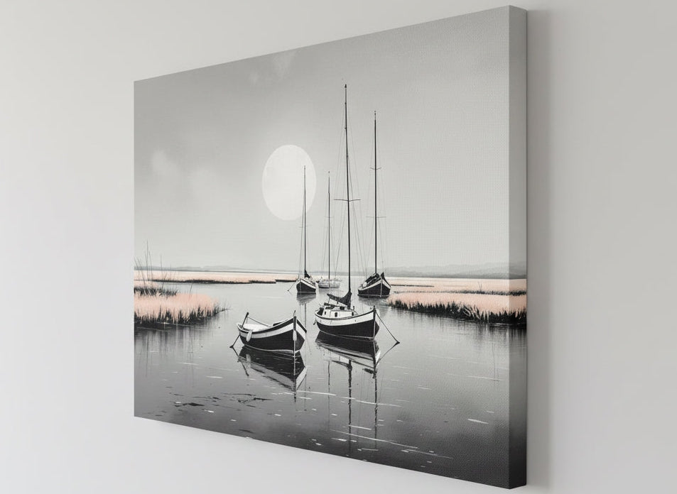 Vue de profil du tableau Barques Clair de Lune sur toile châssis, détails des contrastes et impression haute qualité.
