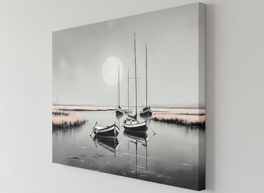 Vue de profil du tableau Barques Clair de Lune sur toile châssis, détails des contrastes et impression haute qualité.
