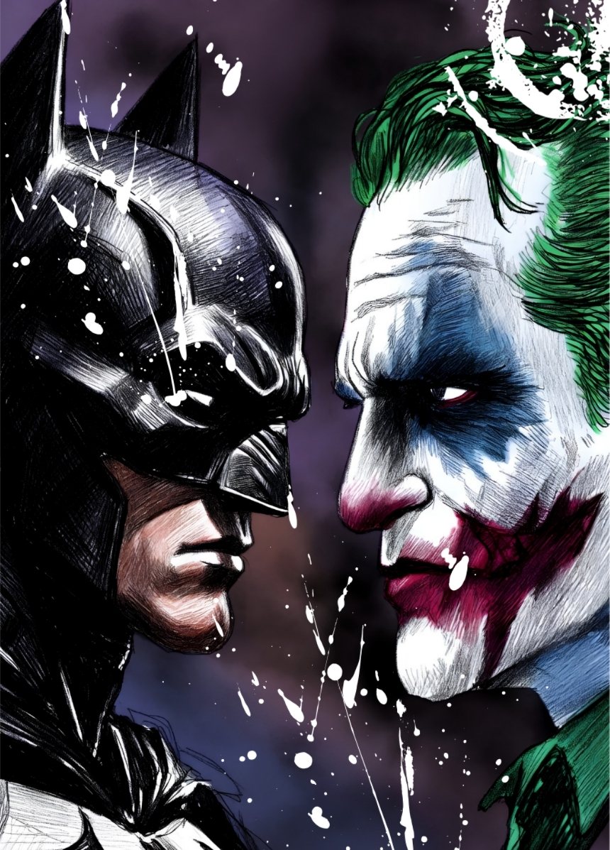 Batman et Joker face à face dans une illustration contemporaine inspirée des comics et du pop art
