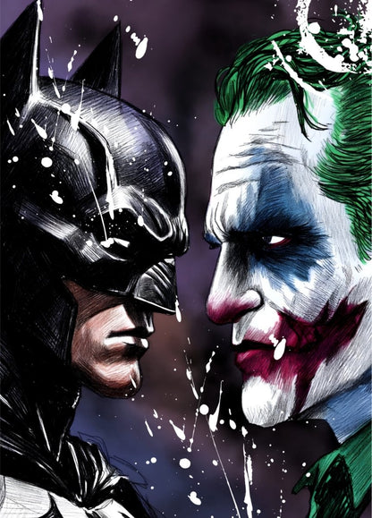 Batman et Joker face à face dans une illustration contemporaine inspirée des comics et du pop art

