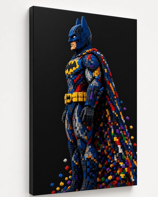 Tableau Batman moderne en pixel art bleu noir et multicolore
