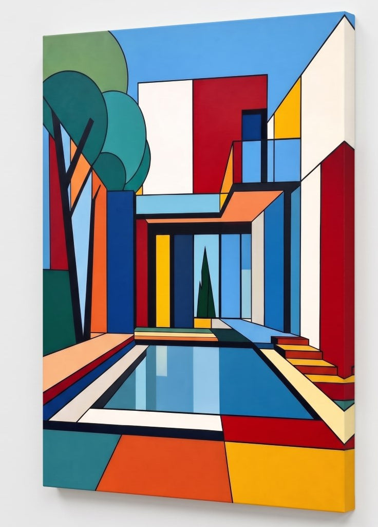Tableau Bauhaus imprimé sur toile avec vue de profil et architecture géométrique colorée
