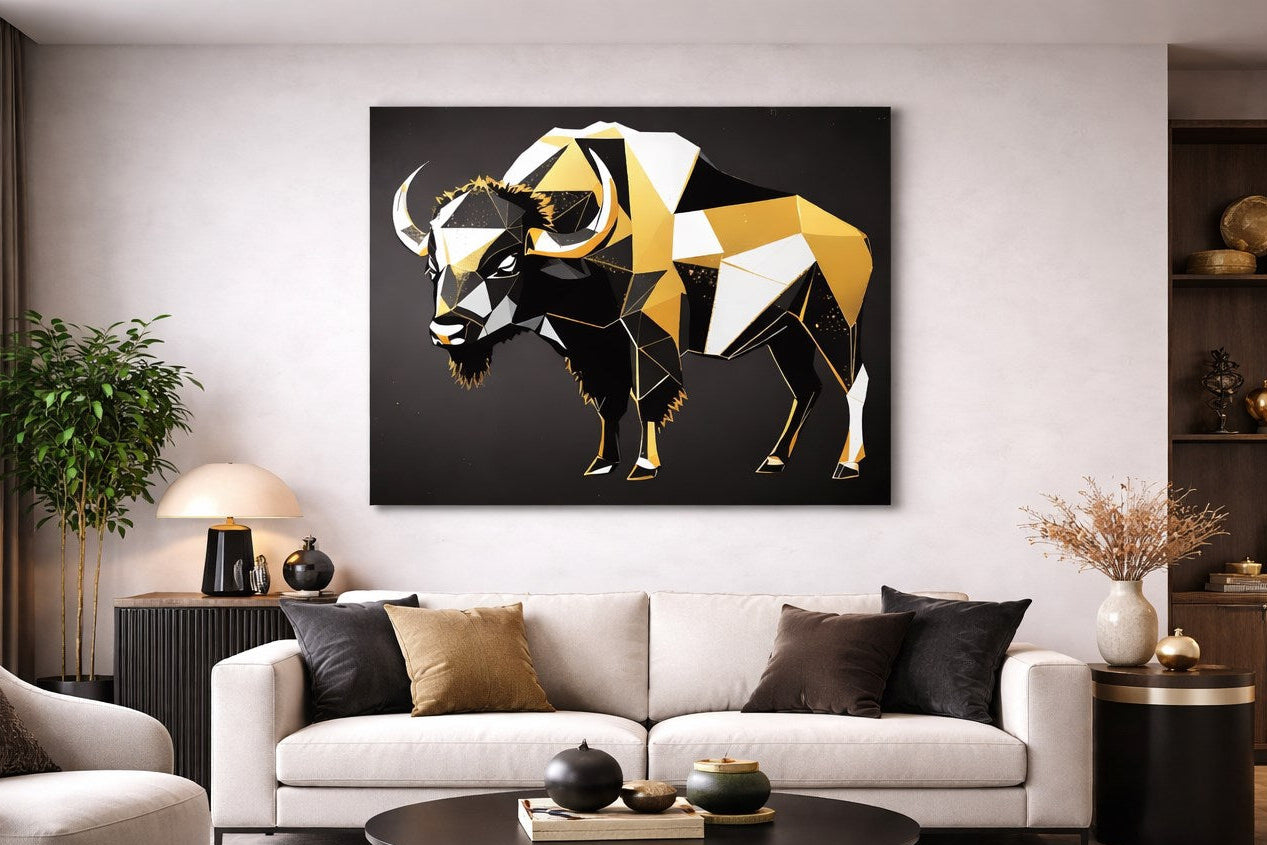 Décoration murale animaux avec bison graphique moderne, idéal pour structurer un salon contemporain avec caractère.
