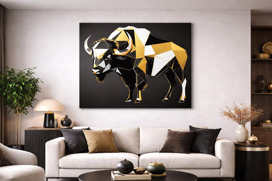 Décoration murale animaux avec bison graphique moderne, idéal pour structurer un salon contemporain avec caractère.
