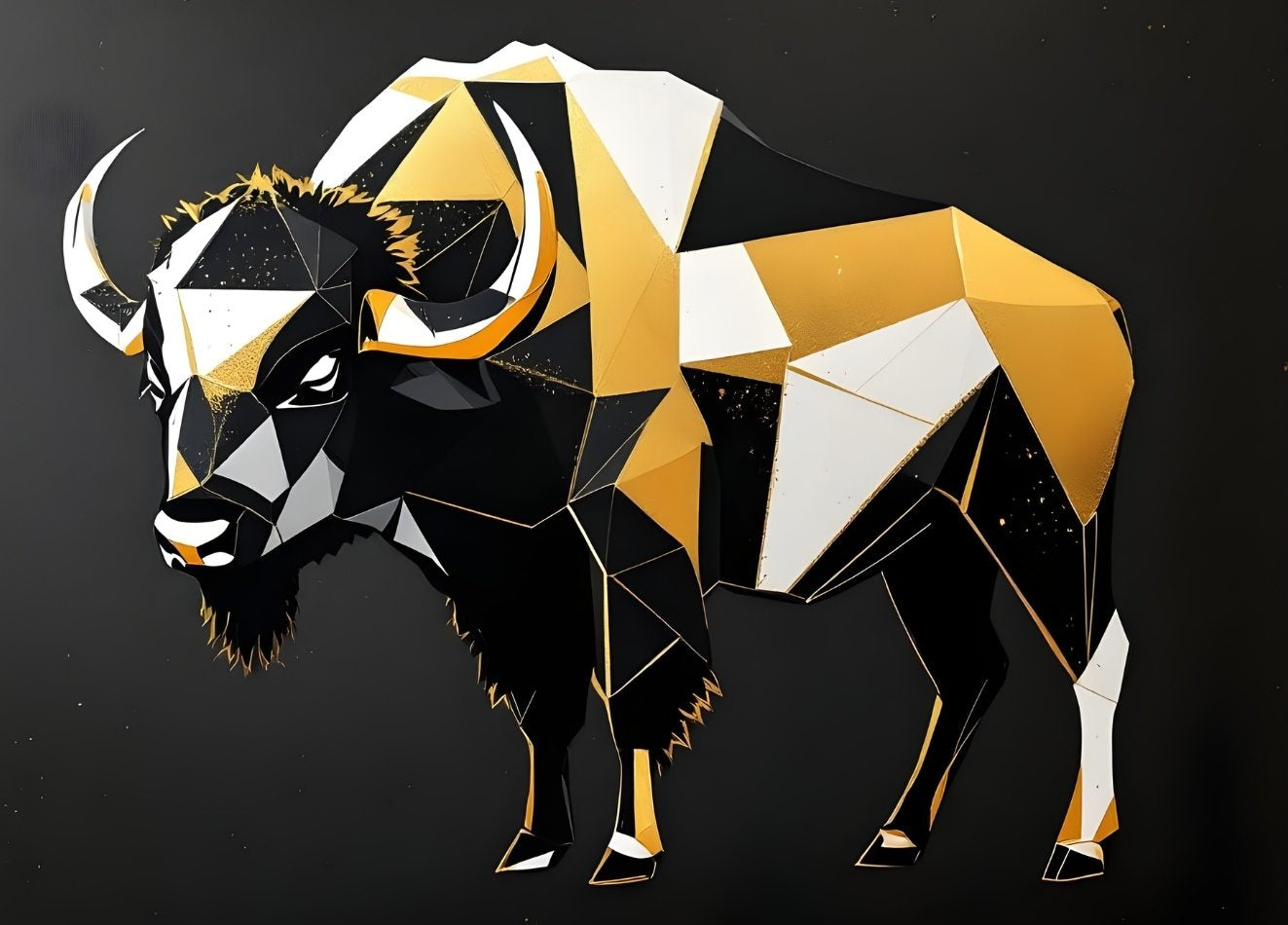 Bison géométrique noir et or en style moderne, idéal pour une déco murale animaux contemporaine et élégante dans un salon design.
