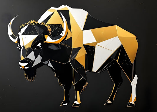 Bison géométrique noir et or en style moderne, idéal pour une déco murale animaux contemporaine et élégante dans un salon design.
