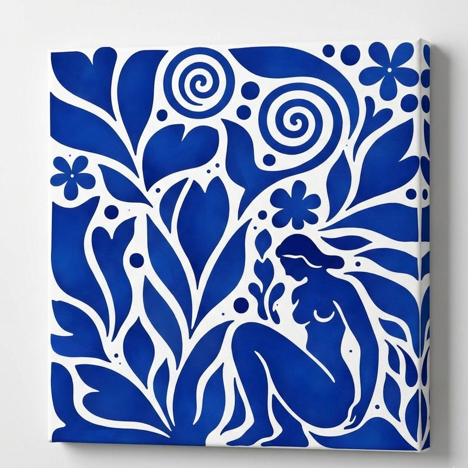 Tableau design végétal bleu blanc silhouette féminine moderne
