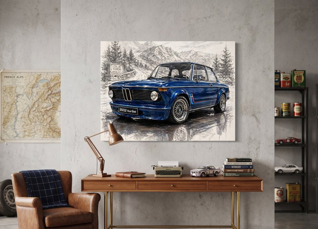 Tableau art automobile rétro BMW 2002 Turbo ambiance alpine vintage
