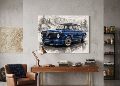 Tableau art automobile rétro BMW 2002 Turbo ambiance alpine vintage
