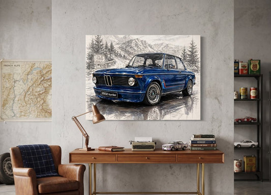 Tableau art automobile rétro BMW 2002 Turbo ambiance alpine vintage
