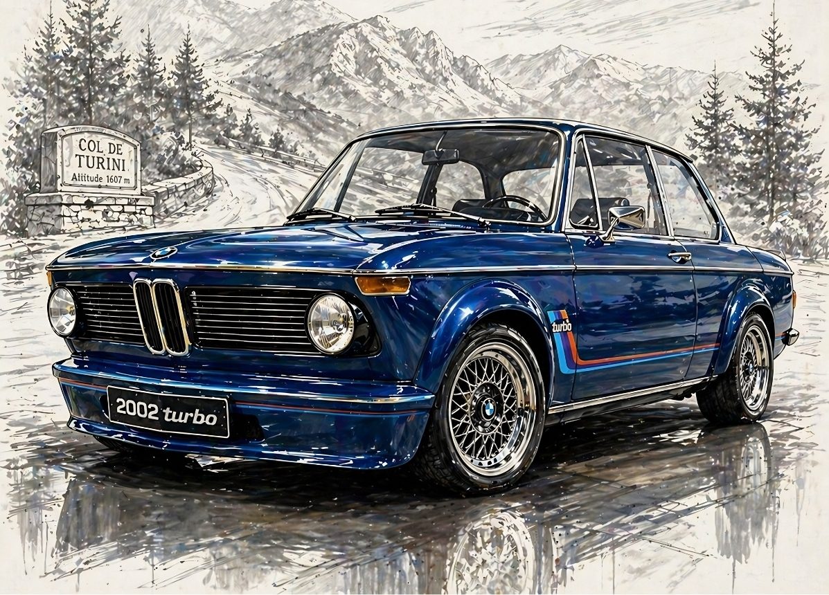 Tableau BMW 2002 Turbo bleue dans un décor montagne rétro contemporain
