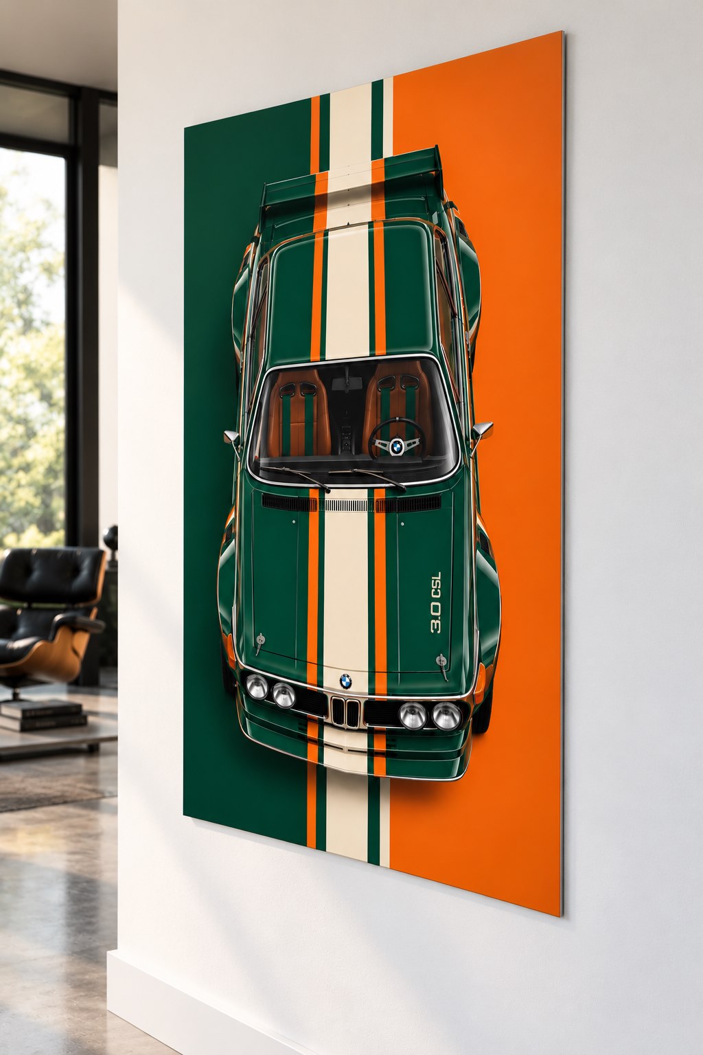 Tableau BMW 3.0 CSL Green Legend sur aluminium brossé, carrosserie verte et bandes sportives orange et crème
